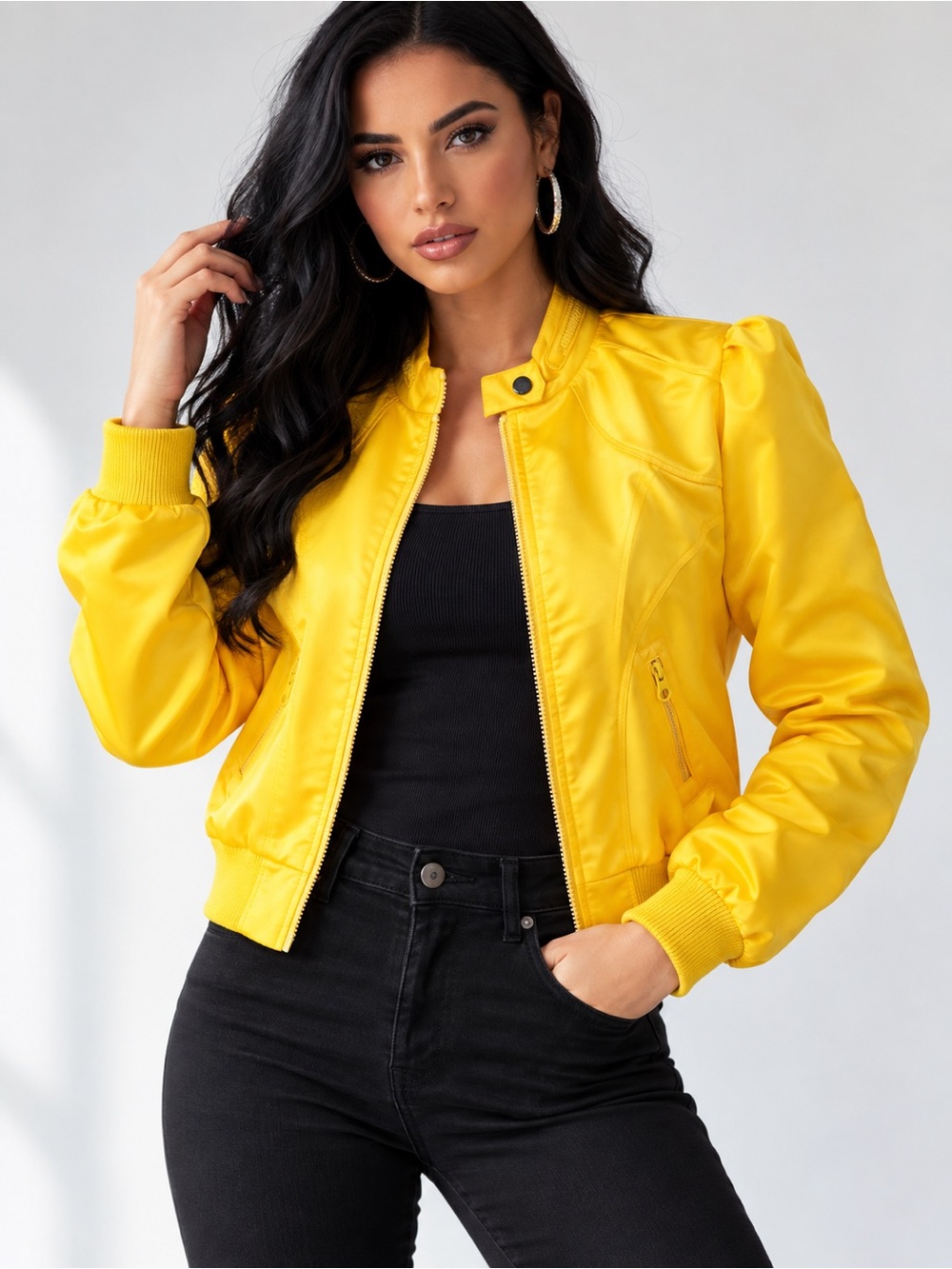 SWS Yellow Satin Puff Sleeve Bomber Jacket Moto Large L